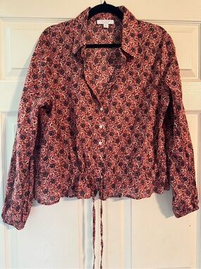 Ann Taylor Red Pink Floral Button-Front Drawstring Shirt